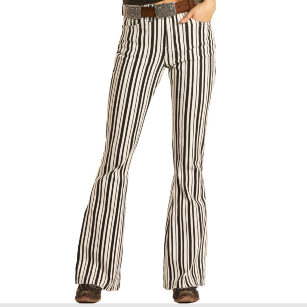 Black and white stripe flare jeans